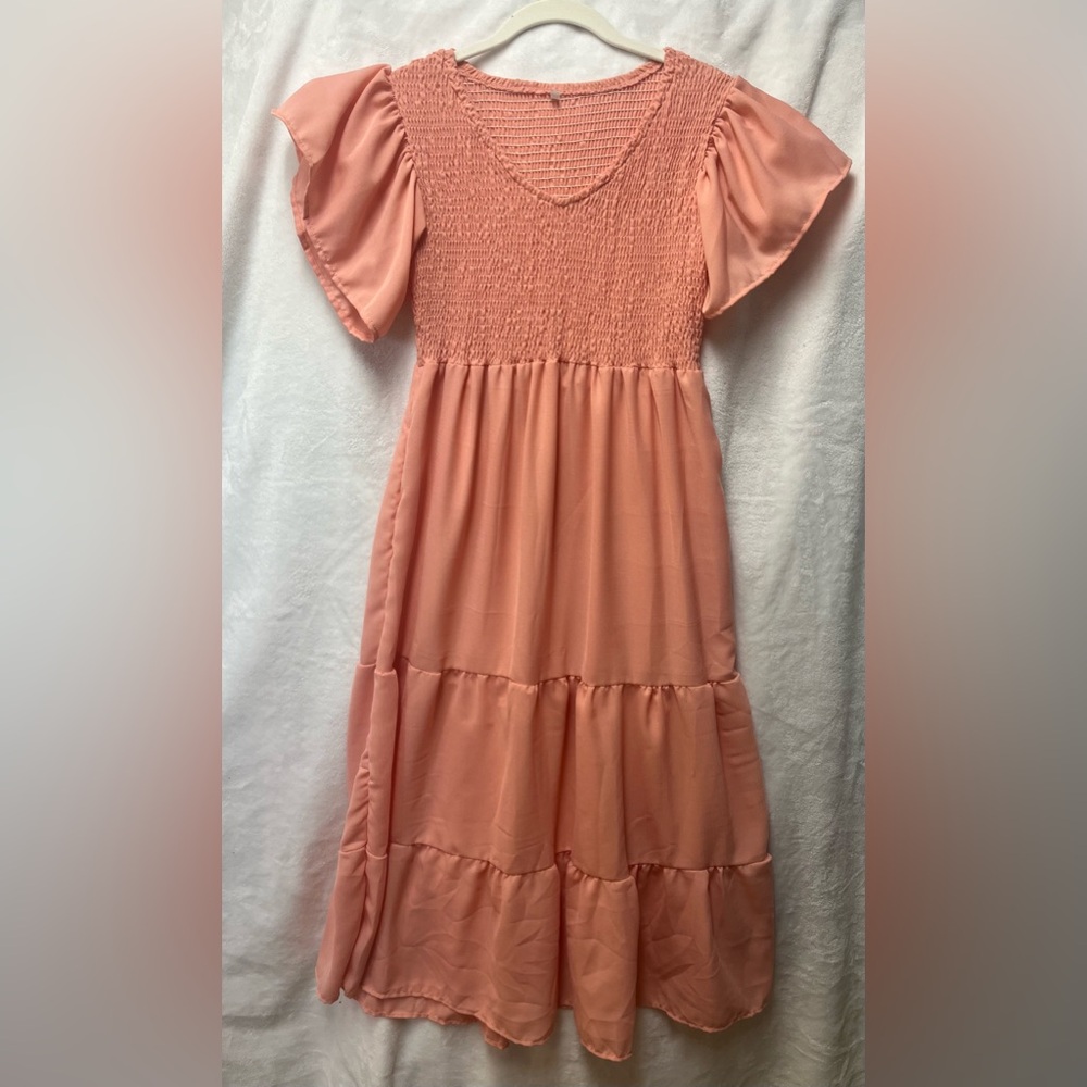 Feminine peach, flowing, midi  dress, size medium